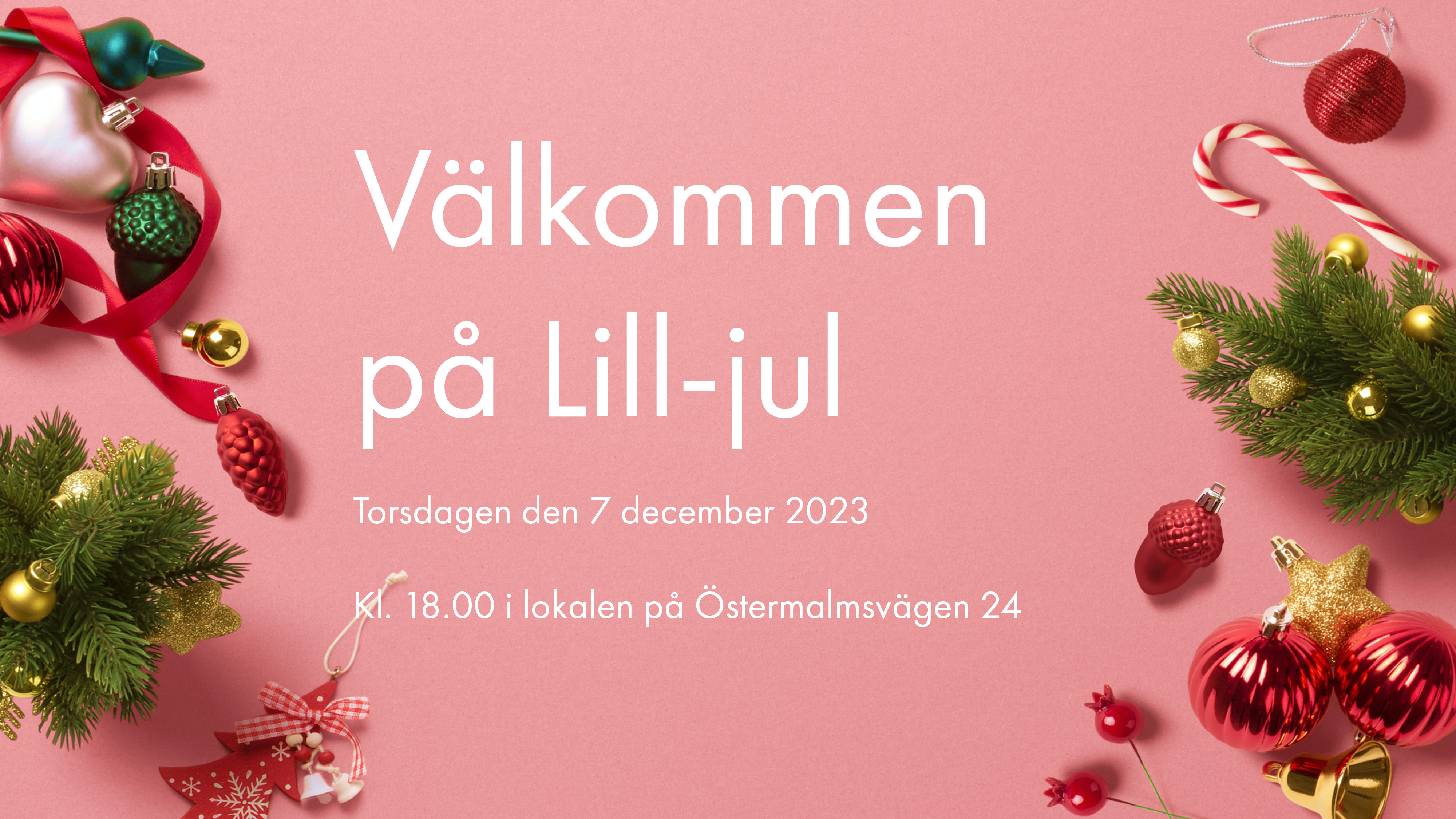 Montagebild av en julbild med en vit text på bilden. I texten står det: Välkommen på Lill-jul.